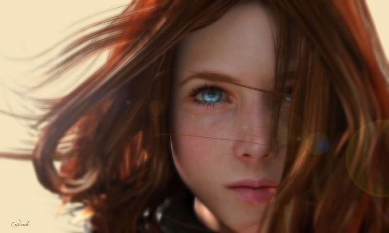 human face, child, headshot, wind, one person, 1080P, beautiful woman, women, redhead, blue eyes, digital art, young adult, hair, looking at camera, close-up
