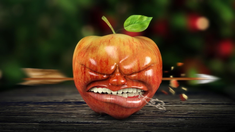 jack o lantern, anthropomorphic, digital art cgi apples 3d arrows teeth closed eyes wooden surface leaves depth of field shot, horror, anthropomorphic face