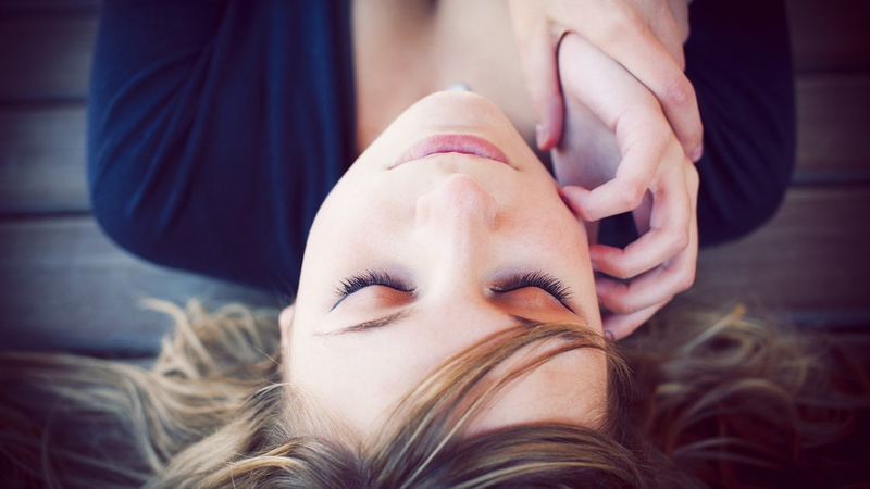 closed eyes, 1080P, lying on back, hands, brunette, long hair, face, women, wooden surface, model, depth of field