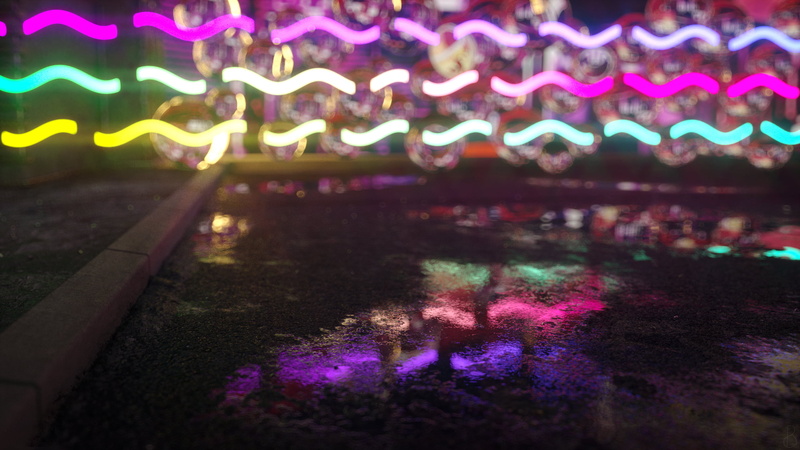 asphalt, neon glow, puddle, wet, rain, colorful, 3D Abstract, line art, reflection, bokeh, waveforms, 2K, neon, wavy, shining, CGI, depth of field, 3D graphics