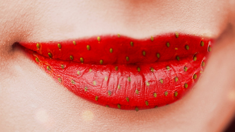 lipstick, close-up, human lips, red, indoors, food, adult, human mouth, human body part, women, lips, human teeth, 1080P, strawberries, food and drink