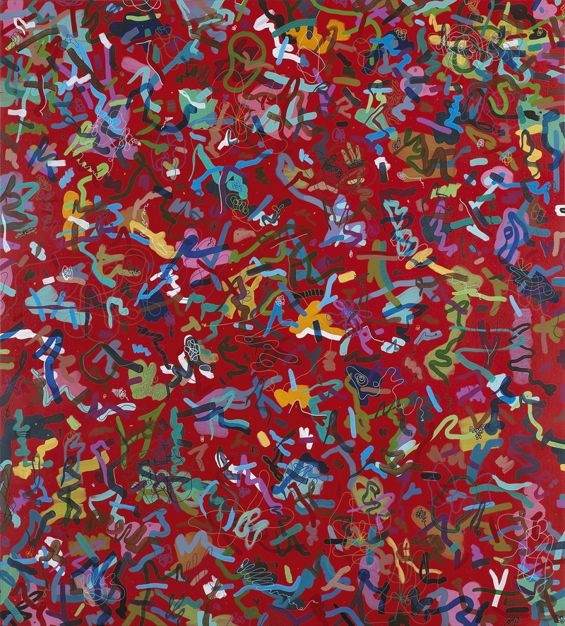 abstract art, floral pattern, art and culture, acrylic on canvas, indoors, embroidery, pattern, paul king, artist, contemporary art, full frame, large group of objects