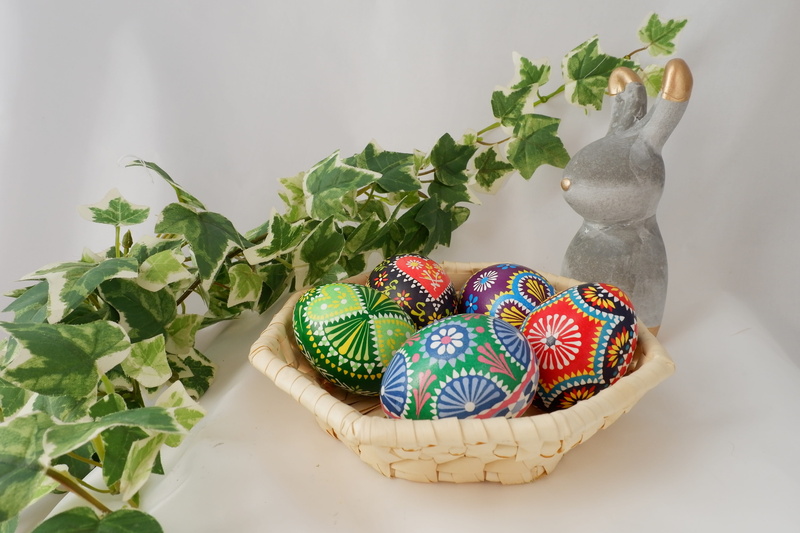 potted plant, colored egg, easter decoration, temptation, plant, table, no people, wax batik technique, easter eggs, egg, plant part, yellow easter egg
