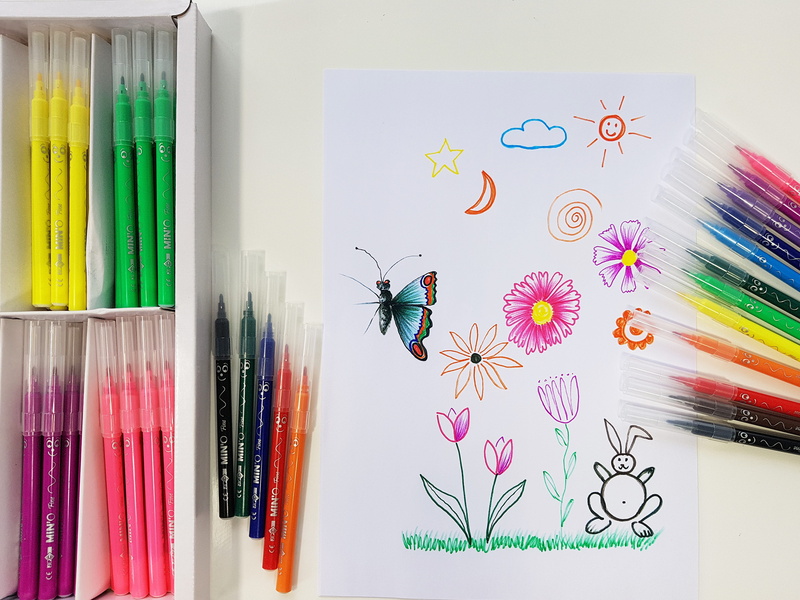 meadow, pen, watercolor painting, creativity, indoors, pink color, cloud, assorted, large group of objects, hare, drawing - art product, color, education