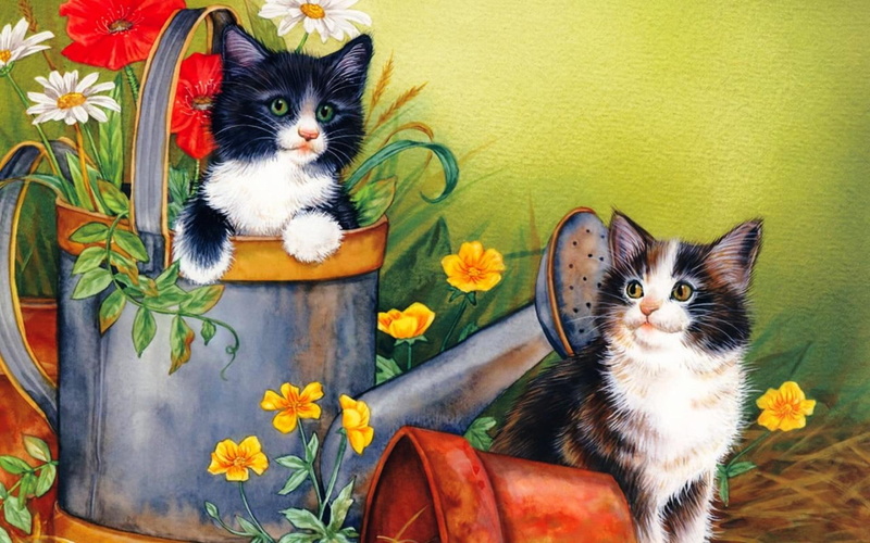 1080P, near, kittens, 3d and abstract, two, can, garden, watering, painting, playing, nice