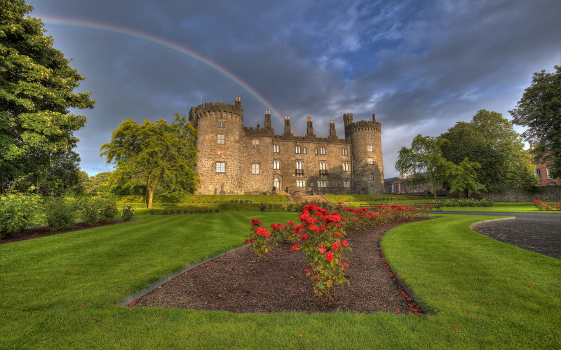 no people, lawn, park, rainbows, nature, grass, cloud - sky, lawns, flower, architecture, day, flowerbed, history, trees, built structure, green color