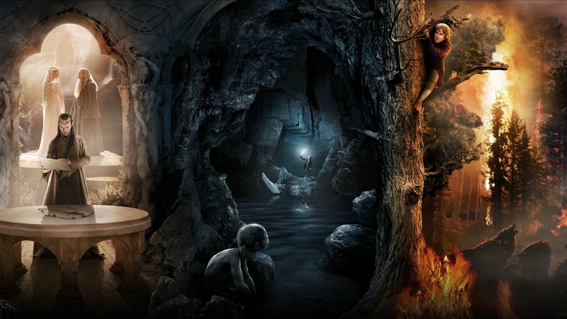 forest, elves, wolves, bilbo, rings, 1080P, hobbit, unexpected, journey, gandalf, gollum, cave, fire, lord, grey, collage, tree