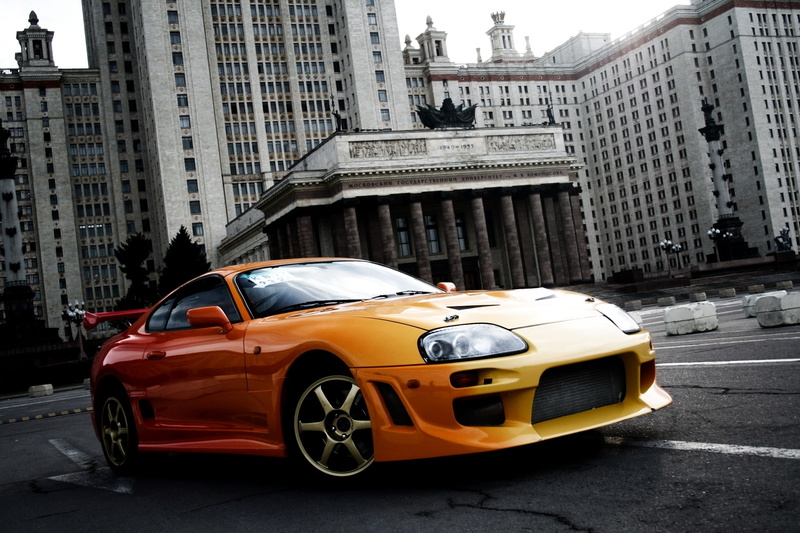 background, Toyota, tuning, orange, sports car, ancestor, the building, 1080P, Supra, MSU