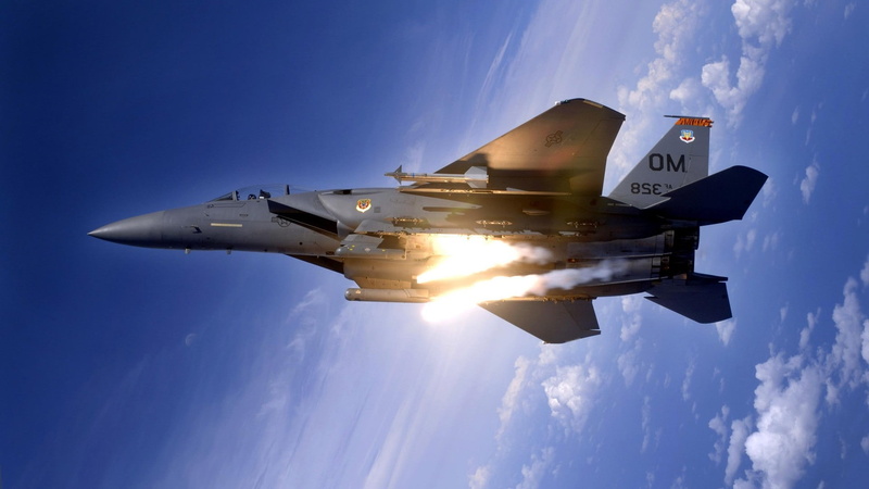 1080P, F15 Eagle, military, low angle view, security, plane, day, sky, Jets, sunlight, no people, blue, cloud - sky, air force, surveillance, Military Aircraft