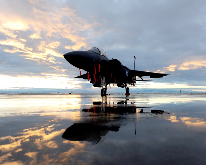 orange color, ground, military, air vehicle, sunset, f-15, strike eagle, 1080P, transportation, evening, reflection, cloud - sky, plane, outdoors, black