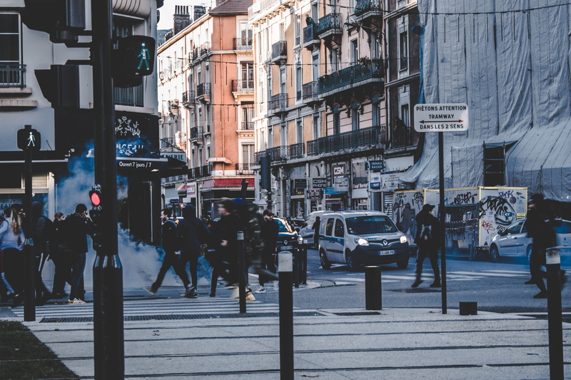 city street, group of people, france, road, city life, lifestyles, adult, hooligan, incidental people, city, women, street, busy, sign, protest, 5K, grenoble