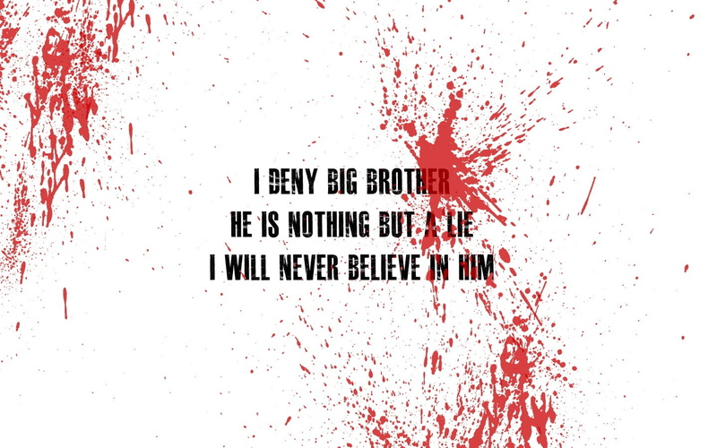 western script, close-up, water, text, quote, 1984, white color, indoors, no people, red, paint, day, 720P, built structure, blood, messy, wall - building feature