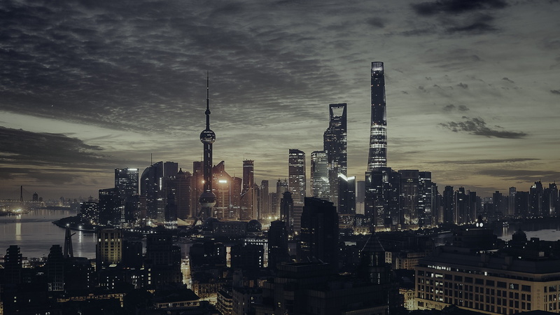 skyline, sky, tower, 2K, spire, landscape, modern, financial district, night, Shanghai, building, building exterior, built structure, cloud - sky, travel destinations