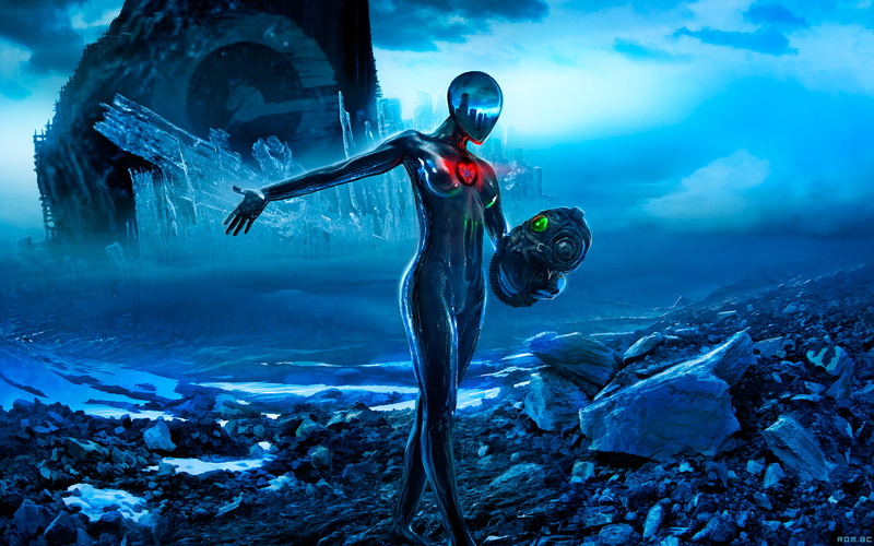 ruins, mask, tight clothing, 1080P, reflection, stones, heart, Romantically Apocalyptic, apocalyptic, digital art, women, gas masks