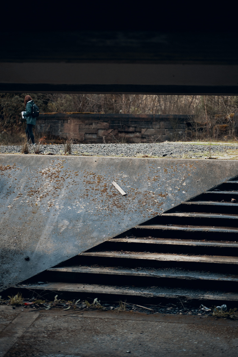 men, symbol, railroad track, built structure, road, st peters seminary, staircase, metal, outdoors, person, track, alone, sign, marking, one person, atmospheric