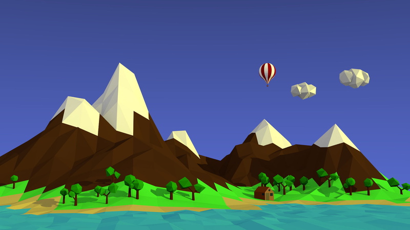 hot air balloons, low poly, landscape, 1080P, mountains