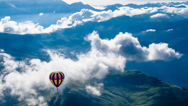 clouds, 1080P, nature, landscape, hot air balloons, mountains