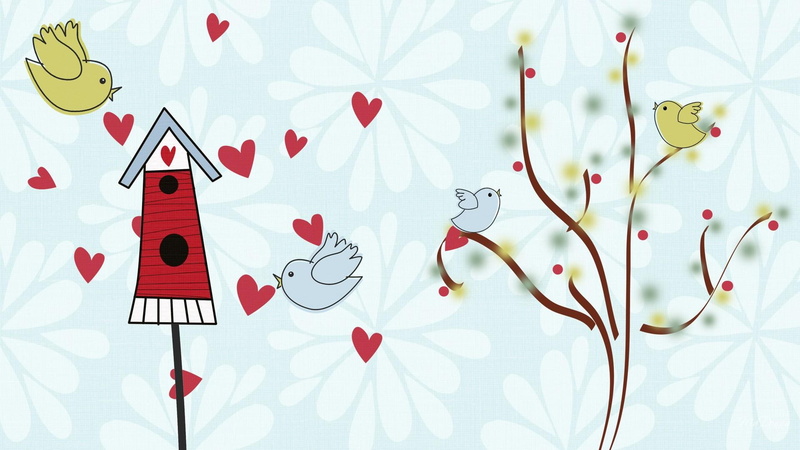 trees, hearts, four, little, firefox persona, cute, bird house, birds, abstract, 1080P, flowers, animals