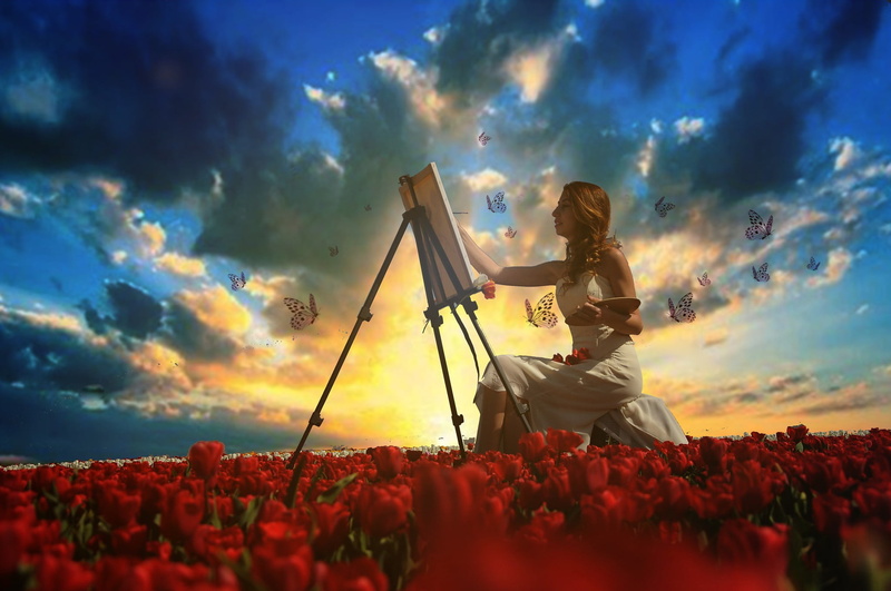 tulips, butterfly, sitting, digital art, nature, sunset, women, three quarter length, field, flowering plant, 1080P, easel, lifestyles, flower, leisure activity