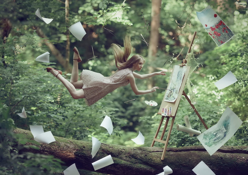tree trunk, painting, 1080P, paper, blonde, floating, easel, women, windy, fantasy art, model