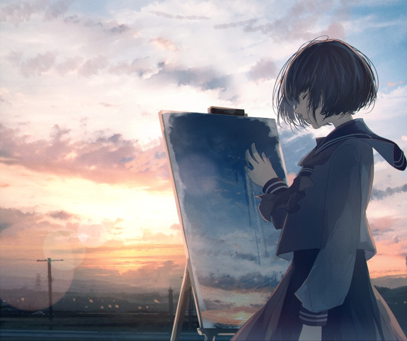 Anime, 720P, Telephone Pole, Sunset, Original, Easel, Short Hair, Brown Hair