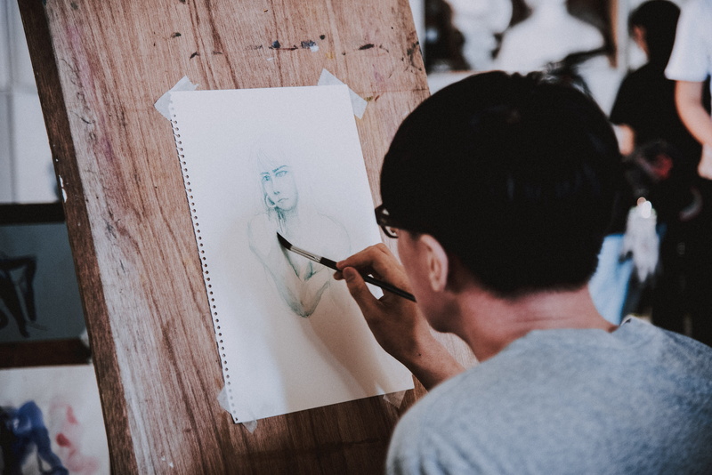 working, concentration, occupation, woman, holding, people, easel, human, draw, creativity, rear view, artist, art studio, studio, indoors, person, adult