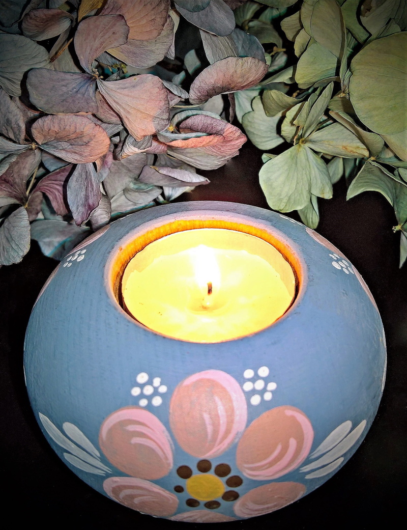 burning, indoors, flower, flowering plant, fire, leaf, autumn, beautiful color tones, petal, blue pink white, cozy, freshness, candle holder made of wood