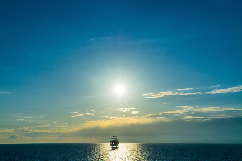 scenics - nature, no People, clouds, water, ship, lens flare, horizon Over Water, black, tranquil scene, sky, harbor, cloudscape, sun, construction Platform