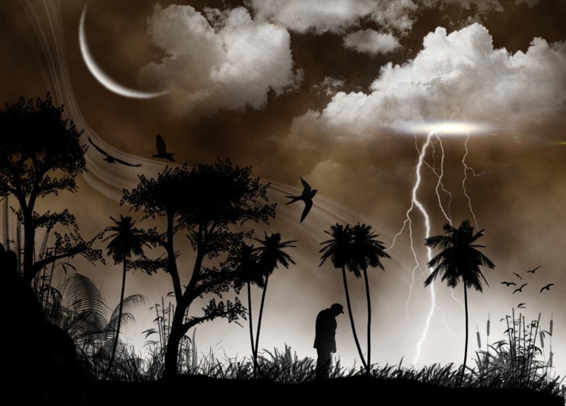 sky, standing, lightning, land, growth, cloud - sky, power in nature, no people, silhouette, nature, field, 720P, trees, alone, man, beauty in nature
