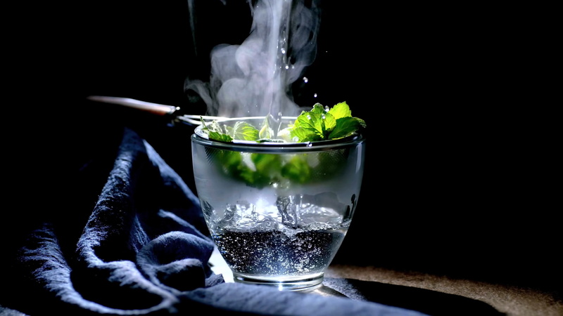 glass, no people, freshness, mint, fruit, household equipment, mint tea, mint julep, black background, drinking glass, vapor, drink, motion, 4K, food
