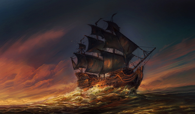 Ocean, Wave, 1080P, Ship, Sea, by Jorge Jacinto, The ocean, Waves, Sunset, Sails, At Sea, Illustration, Jorge Jacinto