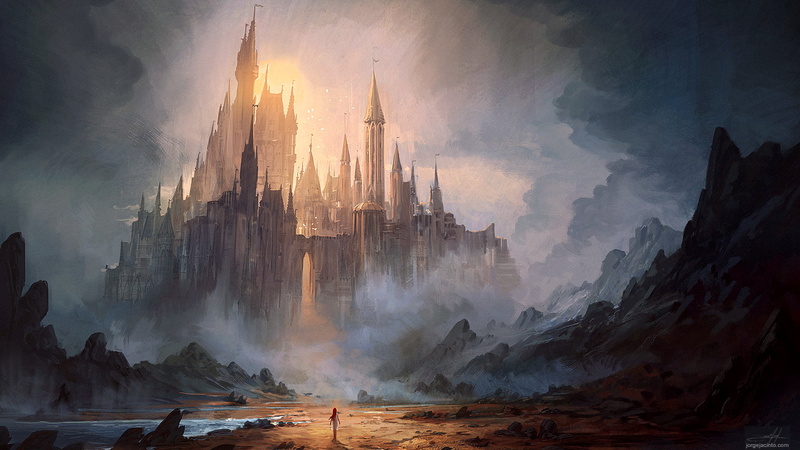 redhead, women, white dress, mountains, clouds, castle, Jorge Jacinto, standing, artwork, 1080P, sunset, fantasy art, digital art, alone, Fantasy Architecture