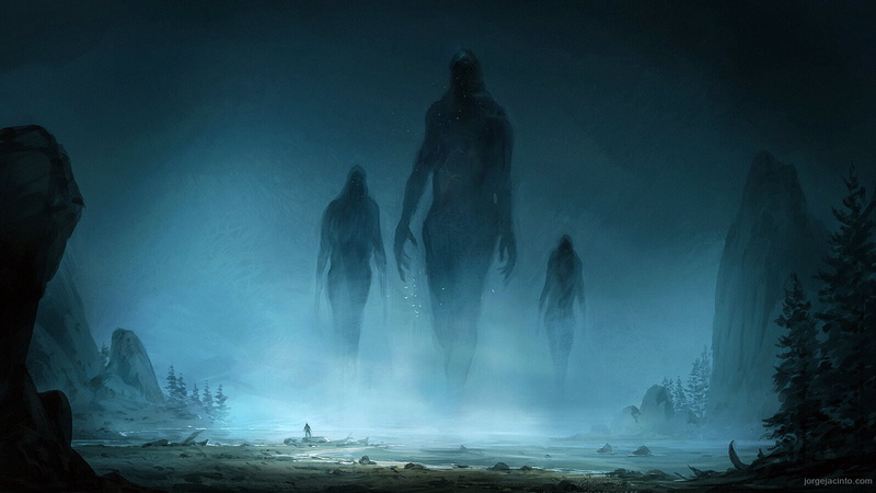 standing, alone, fantasy art, shore, digital art, lake, giant, creature, night, artwork, Jorge Jacinto, 1080P