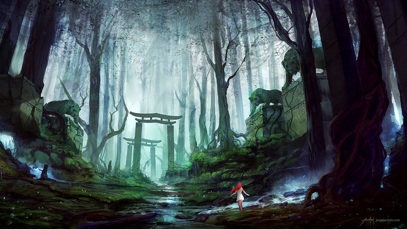 statue, Jorge Jacinto, digital art, wood, women, redhead, arch, artwork, river, 1080P, trees, alone, forest, fantasy art, standing