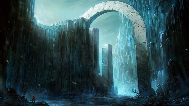 alone, standing, artwork, Jorge Jacinto, 1080P, Fantasy Architecture, digital art, ice, mountains, arch, fantasy art