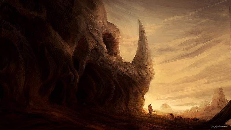 giant, bones, alone, fantasy art, cape, horns, walking, artwork, 1080P, desert, Jorge Jacinto, colossus, digital art, Wanderers