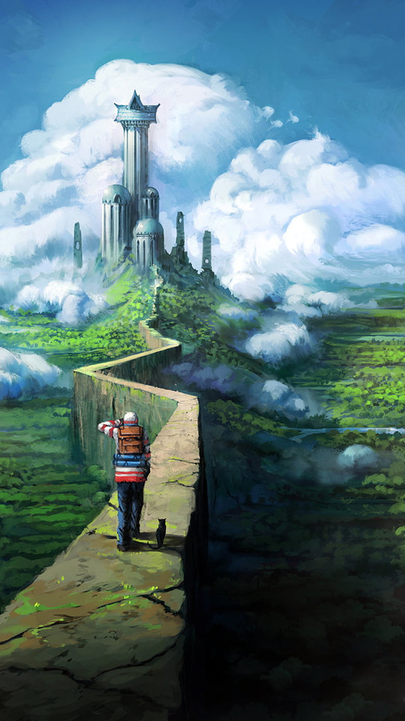Fantasy Architecture, Jorge Jacinto, phone, landscape, fantasy art, cats, black, artwork, backpack, road, wall, walking, forest, Wanderers, 1080P, digital