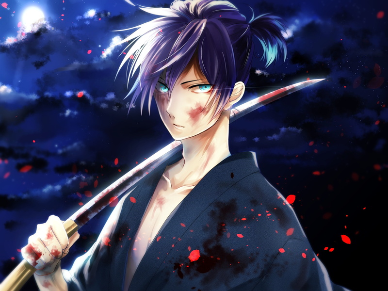 Anime, 2K, Night, Boy, Moon, Blood, Kimono, Katana