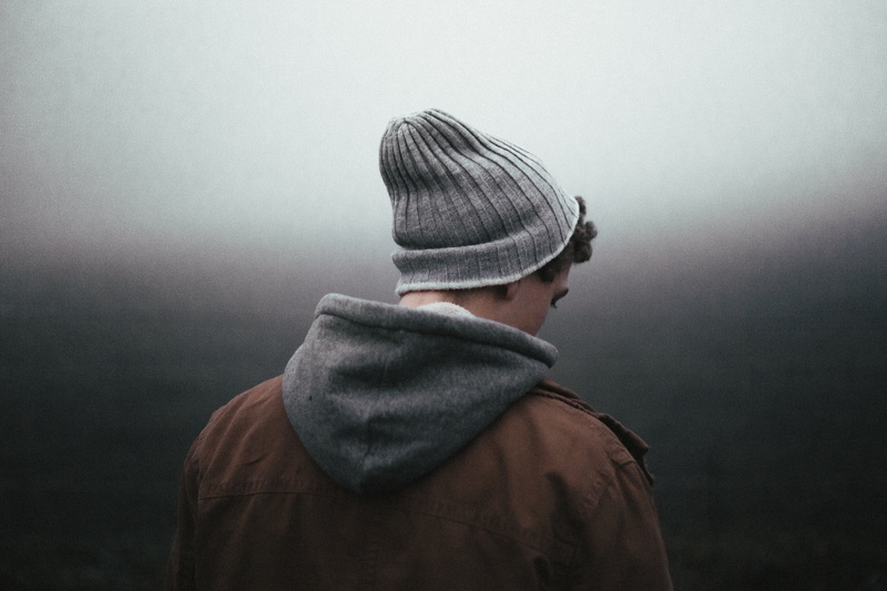 back, rear view, emotion, alone, contemplation, standing, room, photo, one man only, waist up, adults only, adult, portrait, fog, man, hood - clothing