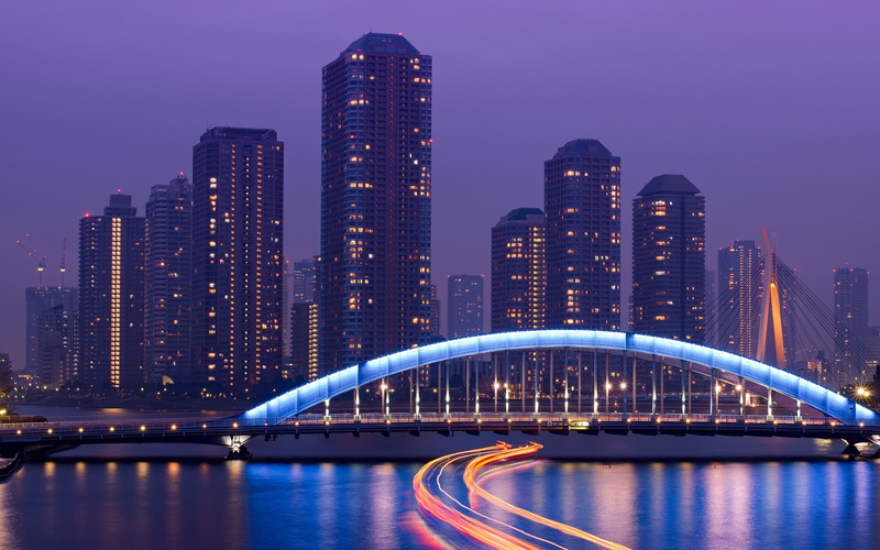 Japan, city, building, 2K, reflection, river, Tokyo, cityscape, skyscraper, lights, cranes (machine), bridge, water, light trails, street light, long exposure