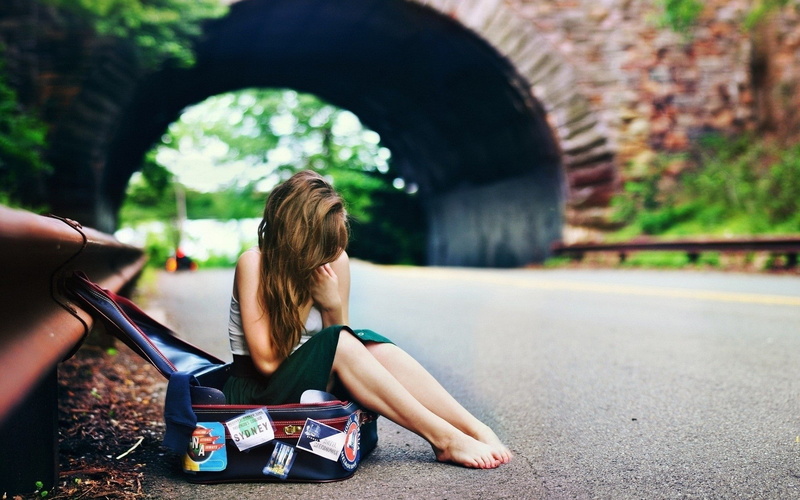 women, 1080P, tunnel, brunette, road, suitcase, alone, bridge, sitting, women outdoors, legs