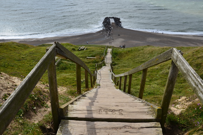scenics - nature, tranquil scene, brown, footpath, danish coast landscape, the way forward, cliff, plant, water, towards, grass, railing, denmark, tranquility