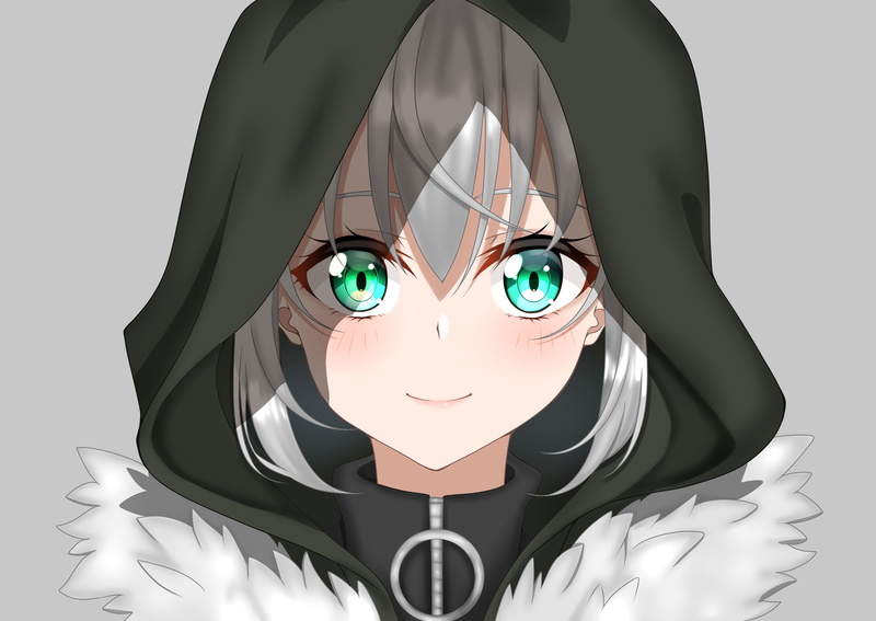 2K, portrait, simple background, gray hair, green eyes, sweater, anime girls, Smile, artwork, short hair, anime, digital art