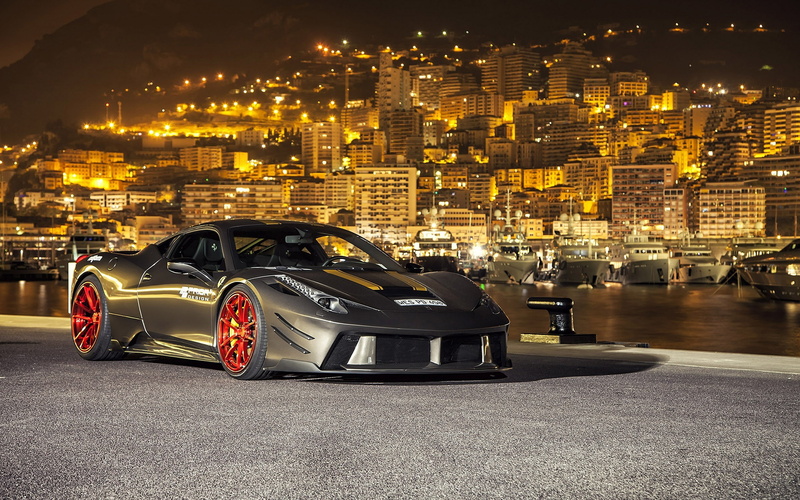 transportation, city life, luxury, building exterior, architecture, cityscape, built structure, office building exterior, building, road, car sports car super car ferrari 458 night monaco bay city lights yachts hill prior design ferrari 458 italia