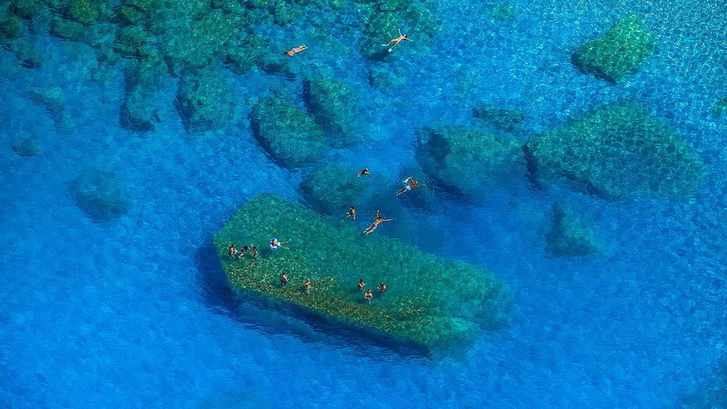 sea, blue, 720P, rocks, water, aerial, view, aerial view, people