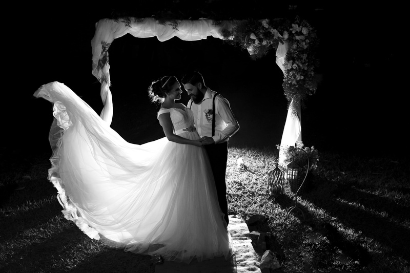 lifestyles, outdoors, leisure activity, people, couple, fashion, together, night time, photoshoot, women, dress, gown, wedding dress, Bride and Groom, grayscale