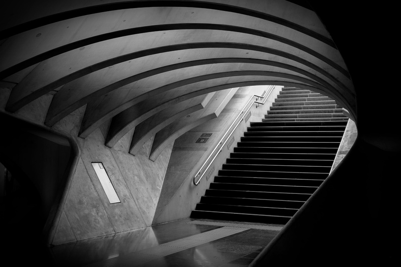 empty, arch, sunlight, illuminated, absence, cellar, staircase, metal, steps and staircases, tunnel, gray, scale, grayscale, spiral staircase, ceiling