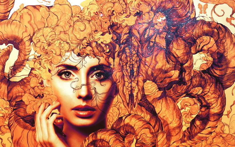 art and craft, eyes, human face, front view, art, digital, witch, adult, manipulation, portrait, young women, Bright, head, colors1, leaves, beautiful people