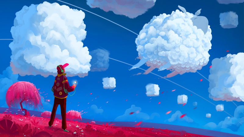 real people, illustration, white color, day, three quarter length, lifestyles, cloud - sky, artwork, using, 1080P, clouds, sky, nature, white, red, one person