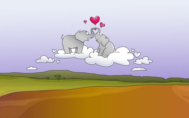 animals, love, elephants, two, heart, clouds, 2K, graphics, air, elephant, forming, nose
